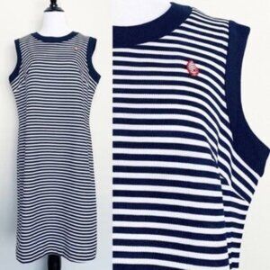 Vintage 70s Honeycomb Navy Blue & White Striped Sleeveless Shift Dress Large